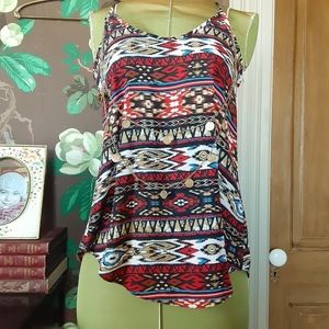 BCX Sleeveless Boho Print Top with Necklace Size XS